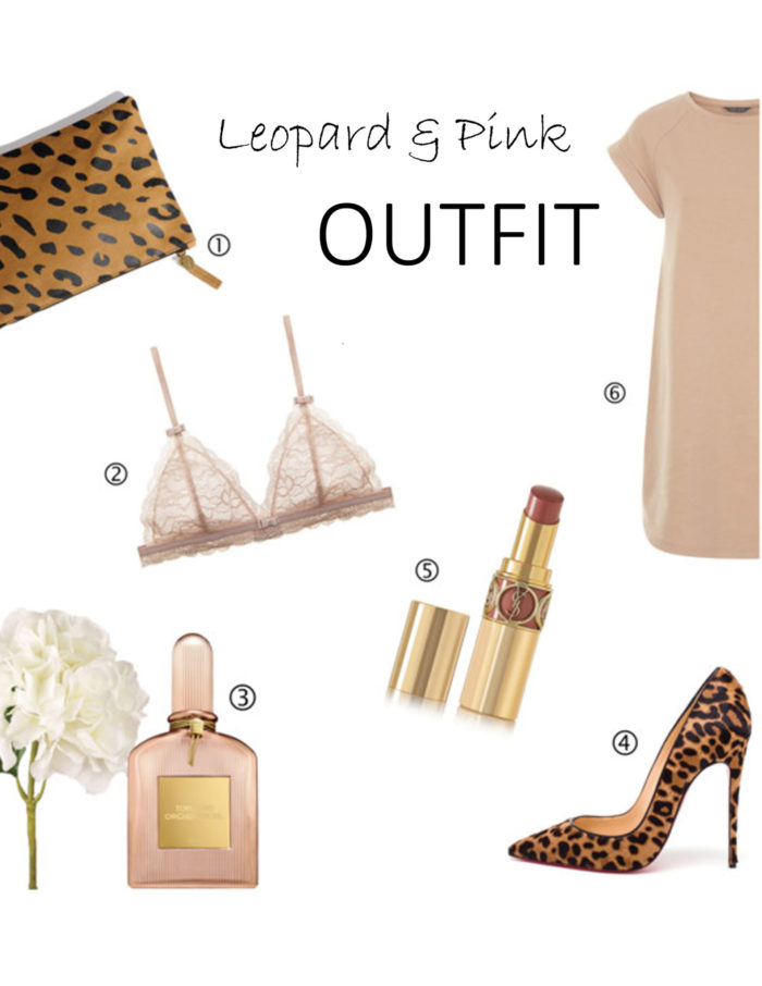 leopard and pink outfit, pink dress, leopard heels. leopard clutch, ysl lipstick, tom ford perfume, lace bra