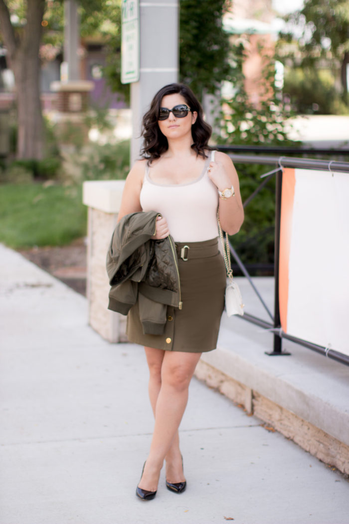 mini skirt for fall, military green skirt, michael kors mini skirt, green bomber jacket, outfit for going out, party outfit, cocktail outfit,
