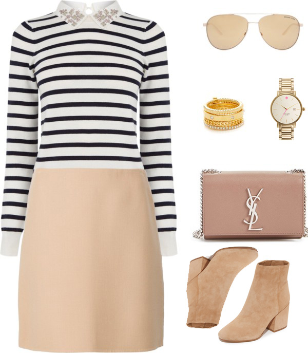 fall outfit, striped top, wool beige skirt, beige suede booties, gold watch, preppy fall outfit