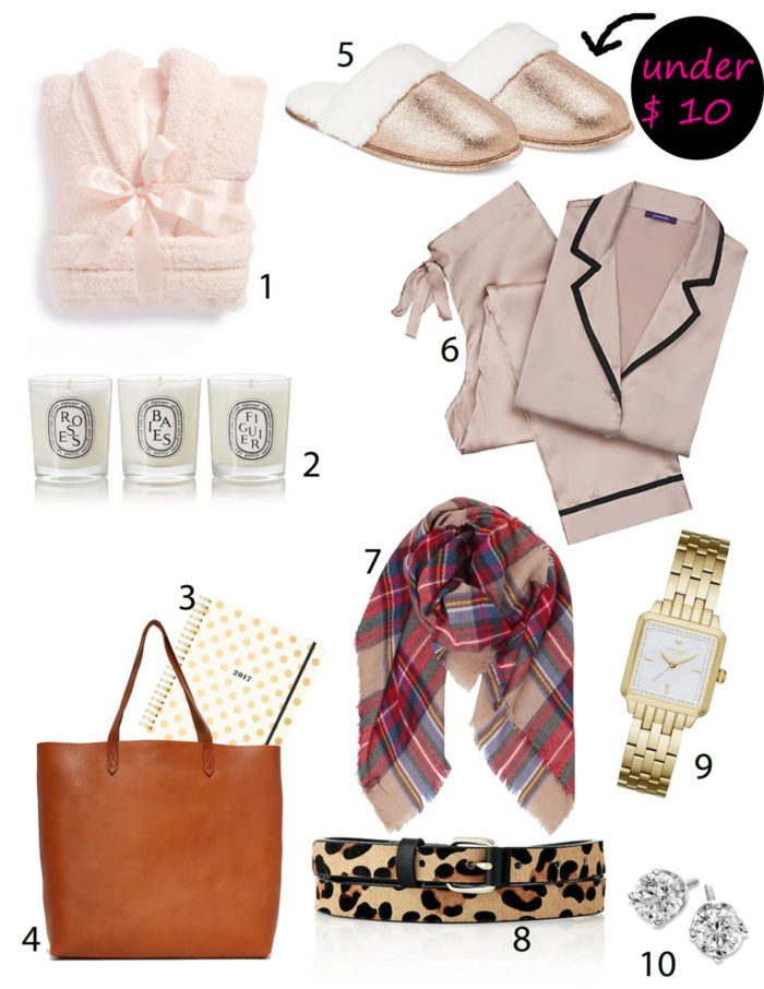 holiday gift guide, slippers under $10, candles, planner, watch, silk pj, leopard belt