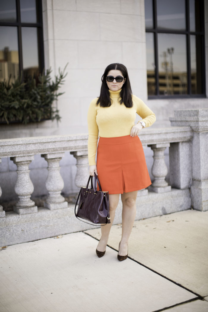 how to wear colors in winter, loft skirt, red mini skirt, mustard turtle neck sweater, leopard heels, winter outfit ideas. work appropriate outfit