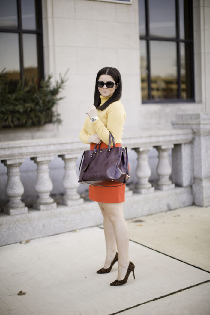 how to wear colors in winter, loft skirt, red mini skirt, mustard turtle neck sweater, leopard heels, winter outfit ideas. work appropriate outfit