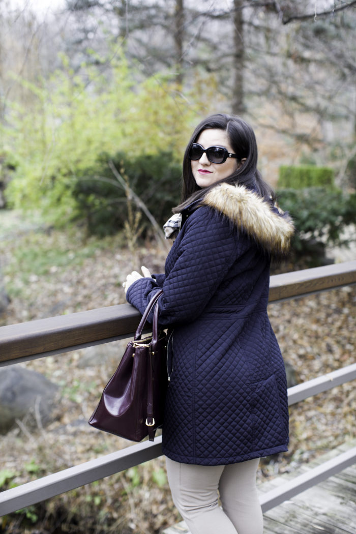 quilted winter coat, causal winter outfit idea, leggings and boots, CAT wedge boots,