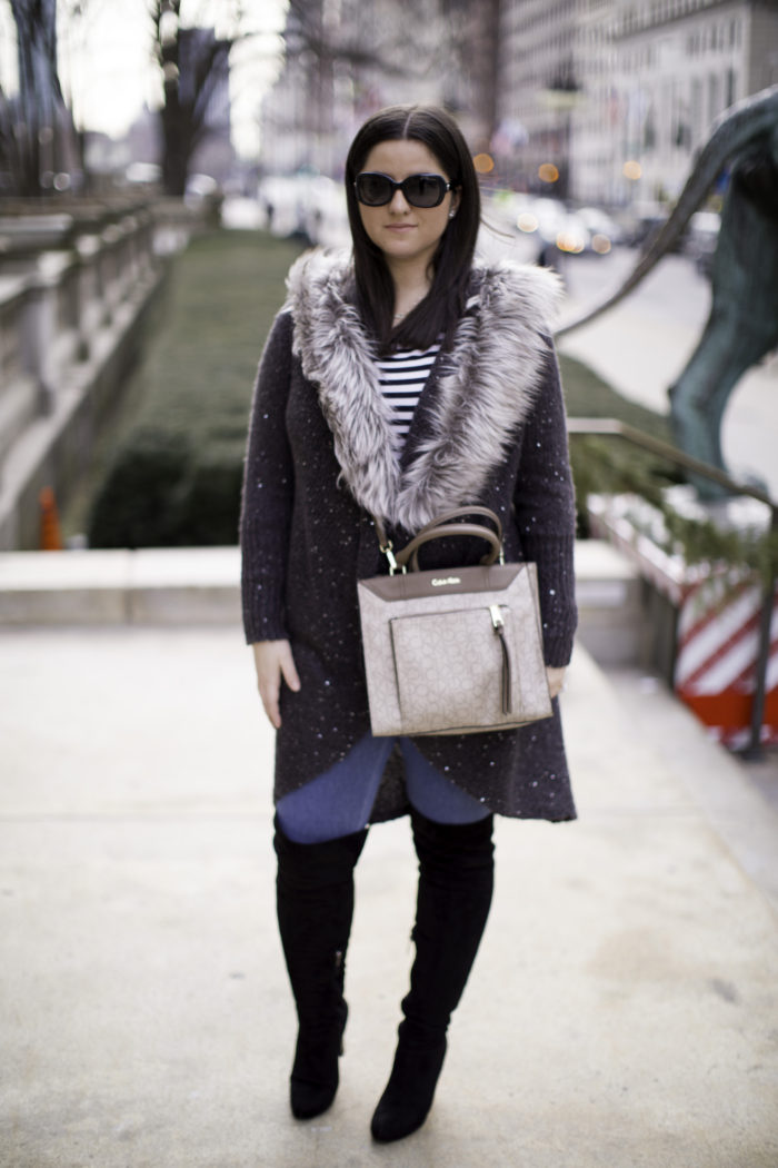 faux fur cardigan, over the knee boots, casual winter outfit, calvin klein satchel