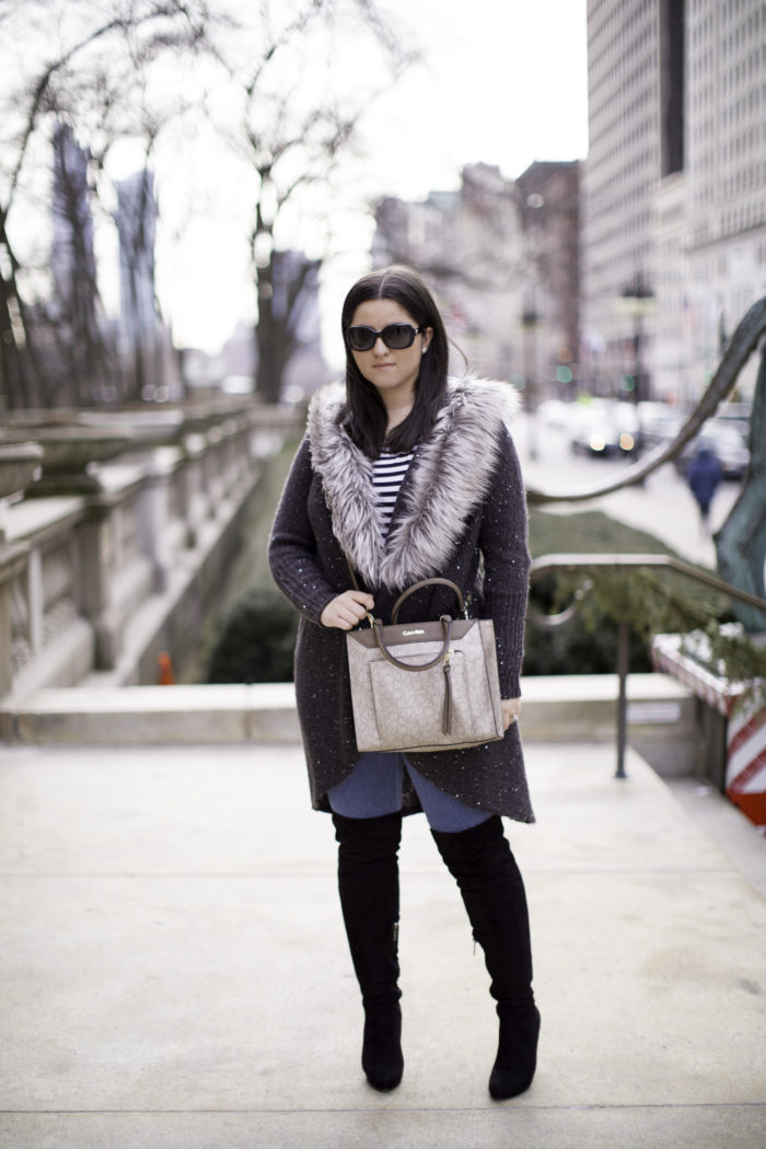 faux fur cardigan, over the knee boots, casual winter outfit, calvin klein satchel