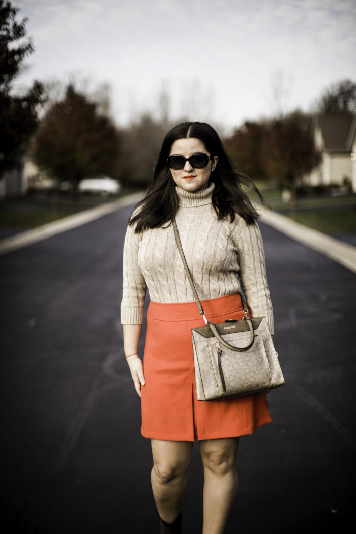 mini skirt, cable knit turtle neck sweater, ankle booties, calvin klein crossbody