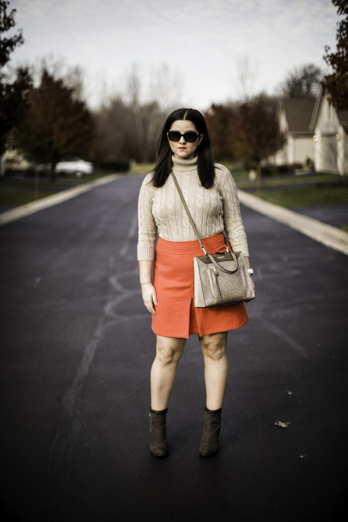 mini skirt, cable knit turtle neck sweater, ankle booties, calvin klein crossbody