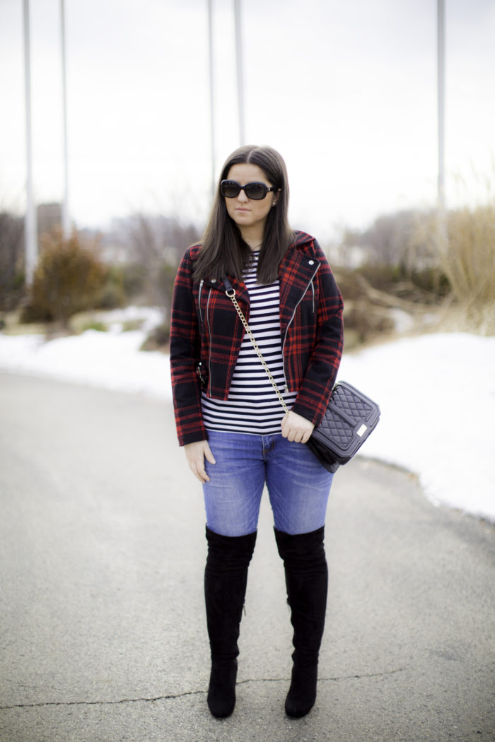 buffalo print jacket, striped top, quilted crossbody, black boots, winter outfit idea