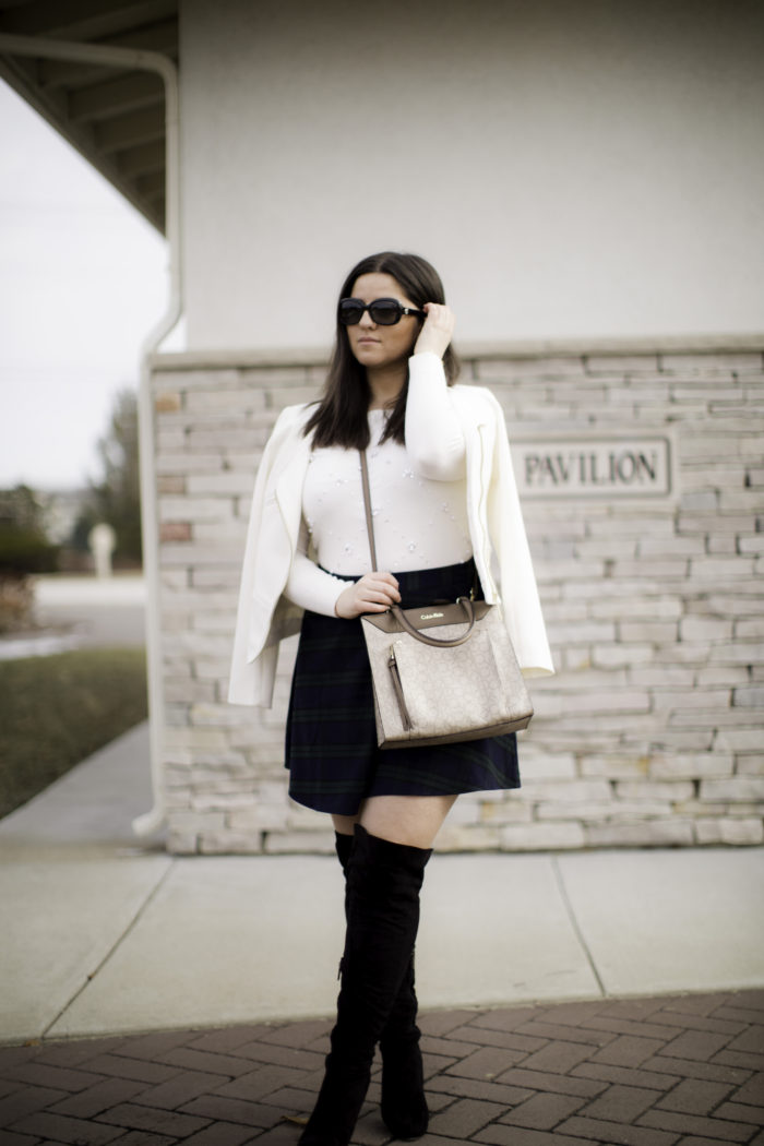 plaid mini skirt, overt the knee boots, mini plaid skirt, white blazer, winter outfit idea