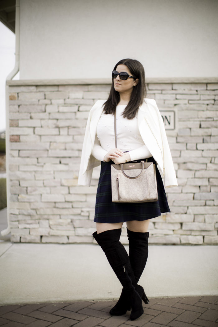 plaid mini skirt, overt the knee boots, mini plaid skirt, white blazer, winter outfit idea