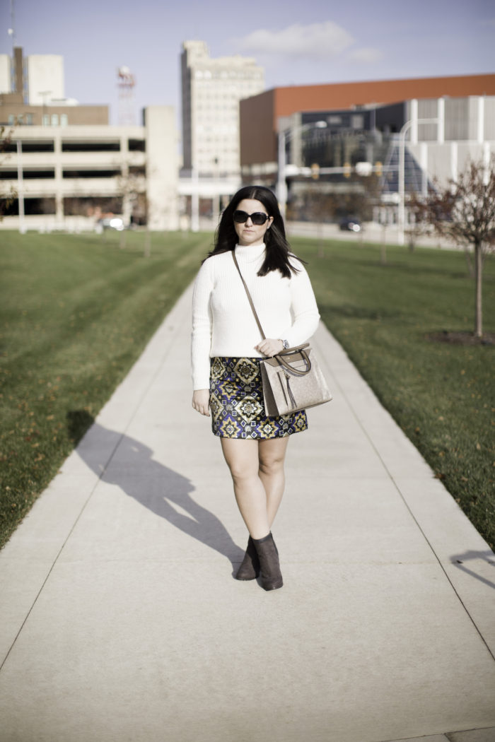 printed mini skirt, loft skirt, loft turtleneck, winter white turtleneck sweater, juicy couture ankle booties