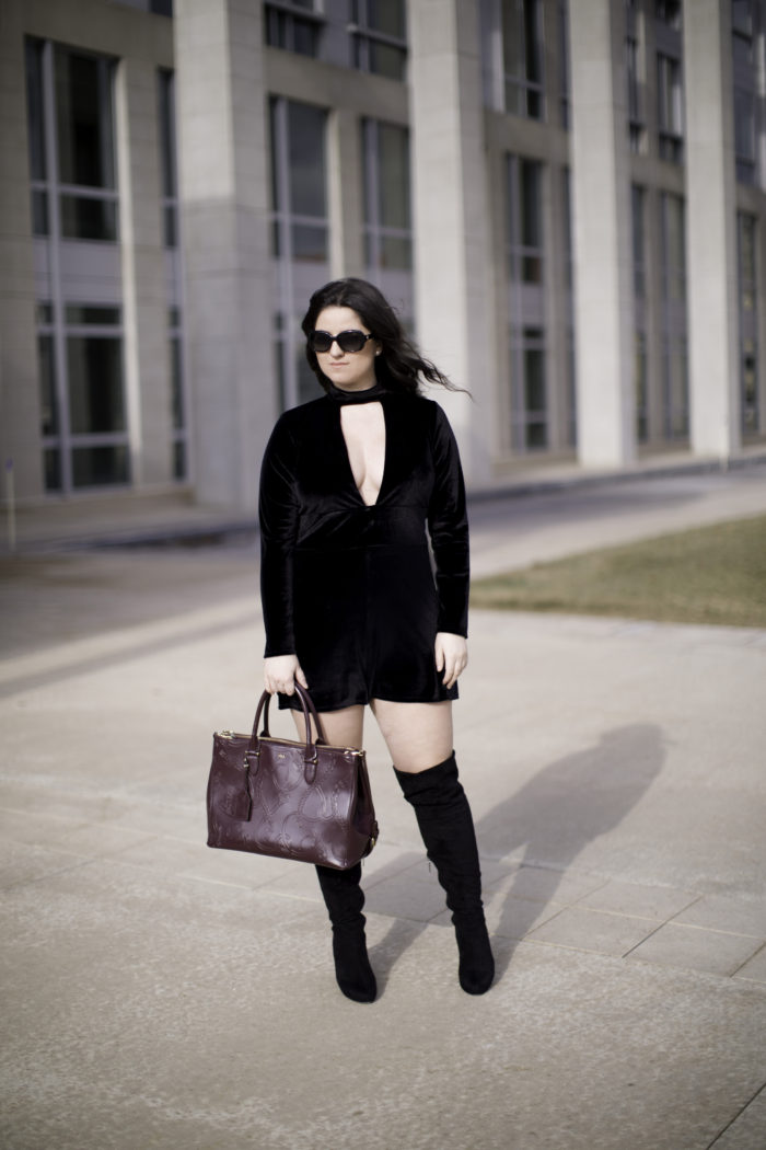 how to wear velvet at any age, trend at any age, black velvet jumpsuit, over the knee boots