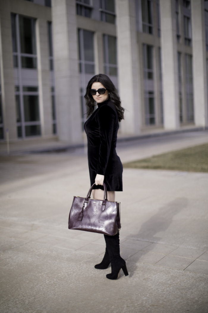 how to wear velvet at any age, trend at any age, black velvet jumpsuit, over the knee boots