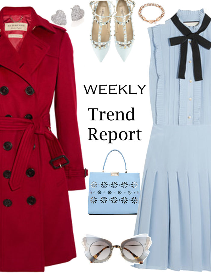 weekly trend report, red trench coat, pleated pastel blue dress, cat eye sunglasses, heart stud earrings