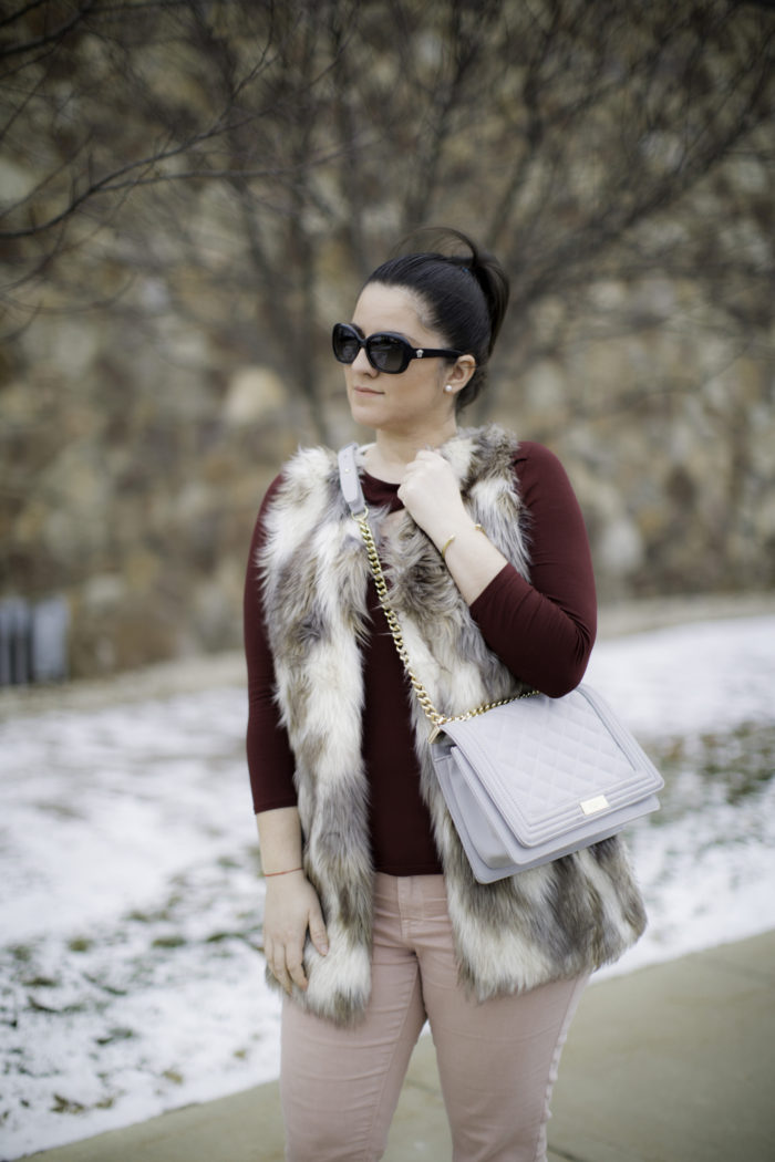 casual valentine's day outfit idea, winter casual look, light pink pants, pink and red combination
