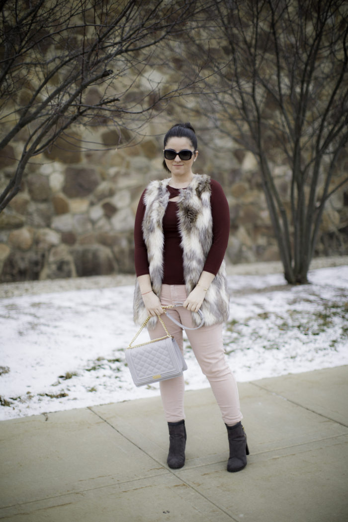 casual valentine's day outfit idea, winter casual look, light pink pants, pink and red combination