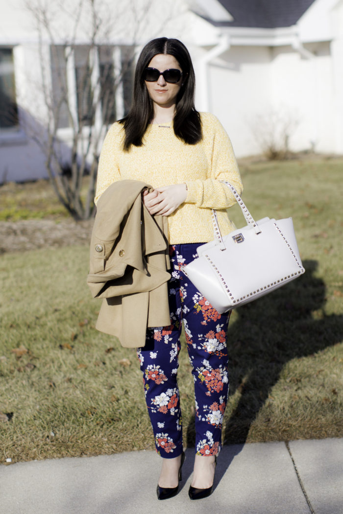 floral pants, blue floral pants, how to style floral printed pants, yellow sweater, Kenneth cole pea coat