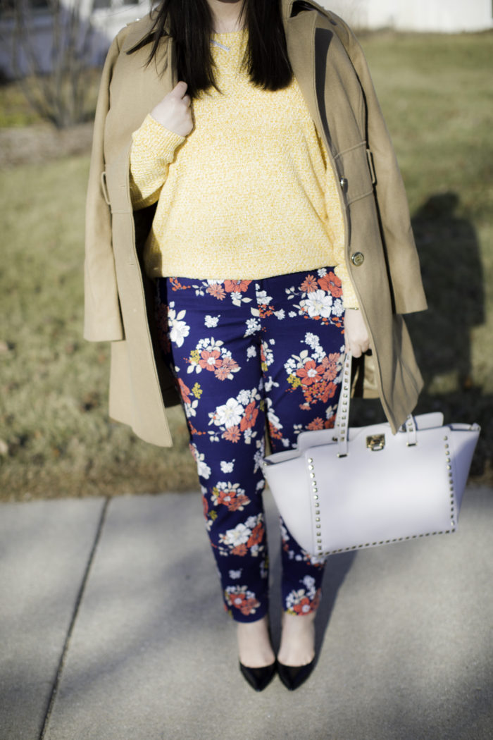 floral pants, blue floral pants, how to style floral printed pants, yellow sweater, Kenneth cole pea coat
