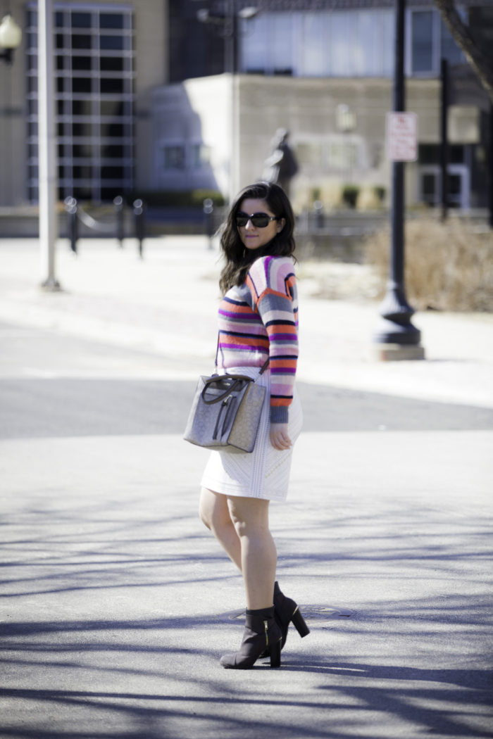 styling a pinks striped sweater, chaps sweater, kohls womens sweater, whitehouse black market skirt,juicy couture boots,calvin klein handbag