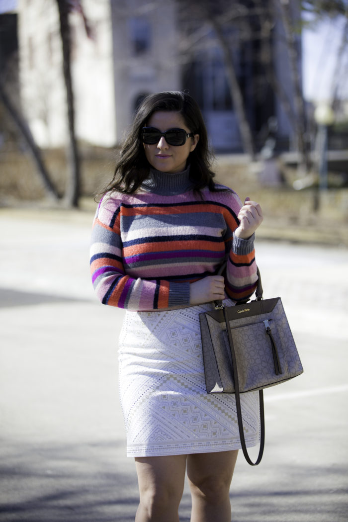 styling a pinks striped sweater, chaps sweater, kohls womens sweater, whitehouse black market skirt,juicy couture boots,calvin klein handbag