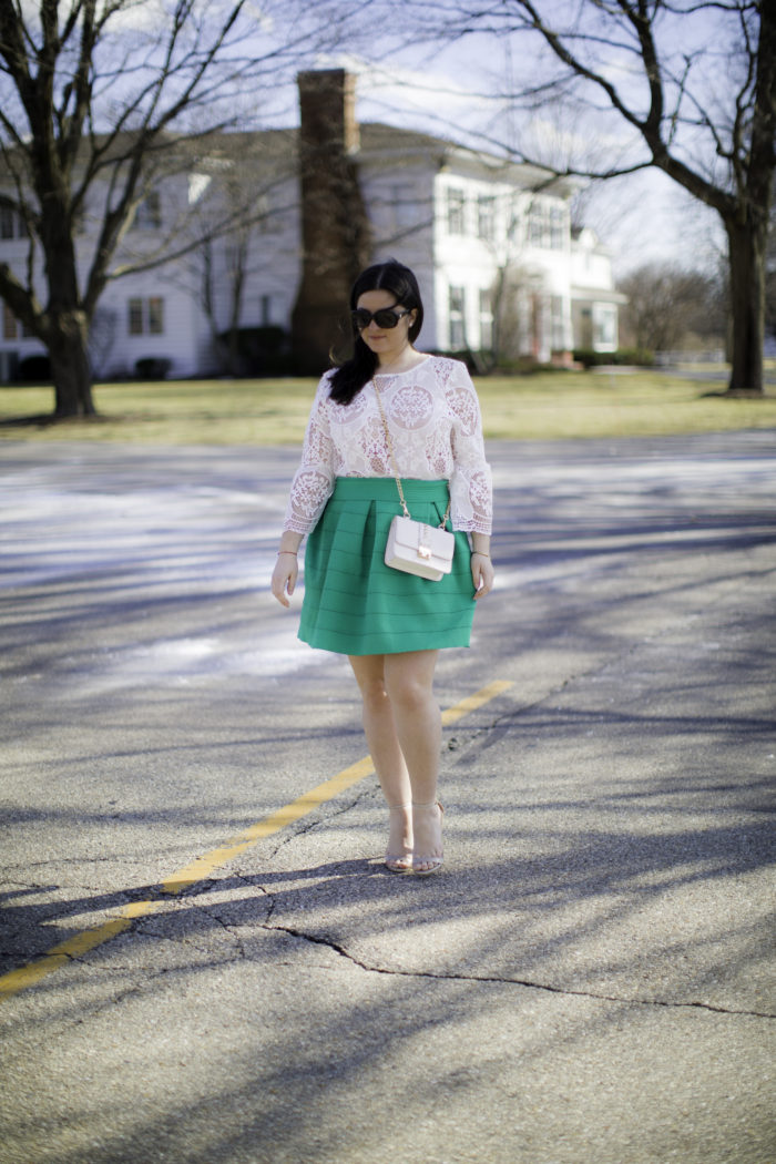 pantone color of the year, baily lamb fashion, green skirt, lace bell sleeve top