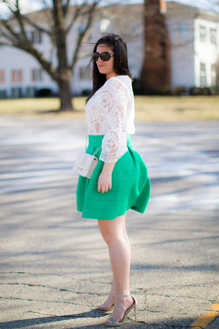 pantone color of the year, baily lamb fashion, green skirt, lace bell sleeve top