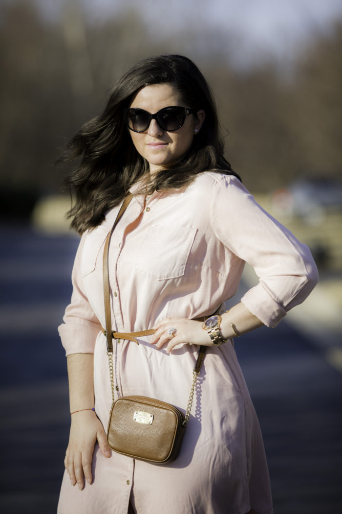 blush shirt dress, target spring dresses, pink shirt dress, michael kors crossbody handbag