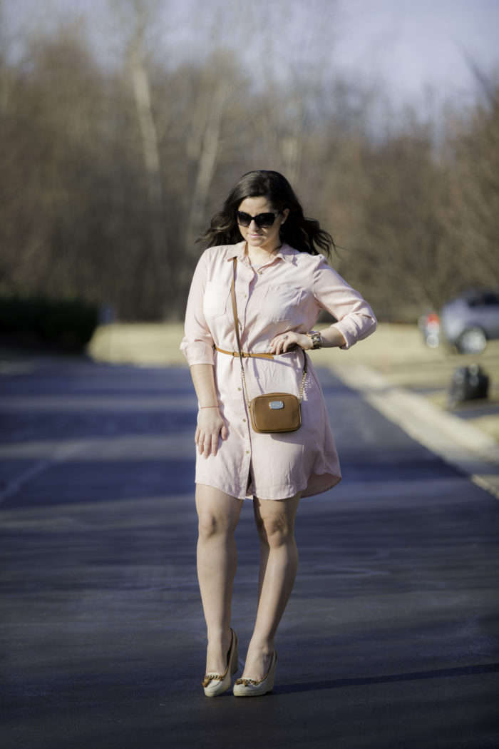 blush shirt dress, target spring dresses, pink shirt dress, michael kors crossbody handbag