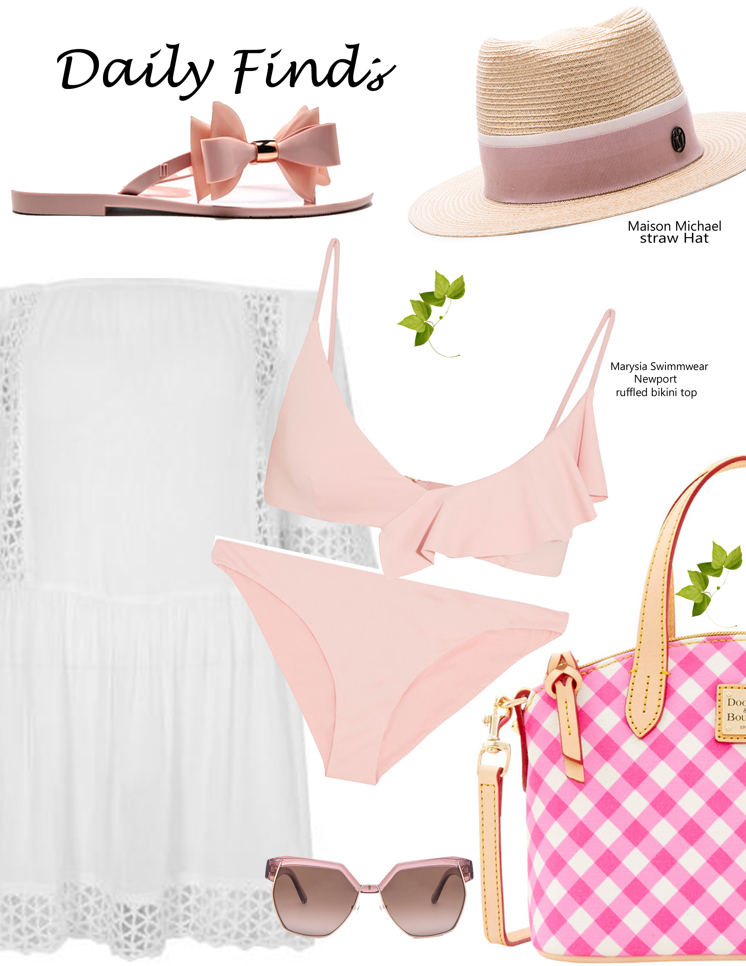 daily finds, beach outfit idea, bailylamb, womens beach fashion, pink ruffle swimmsuit, gingham beach tote