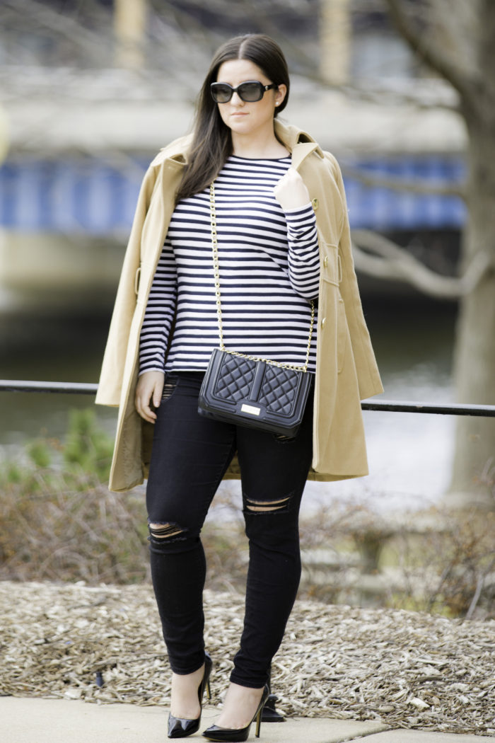 simple and stylish outfit idea for spring, beige coat, stripe top, black jeans