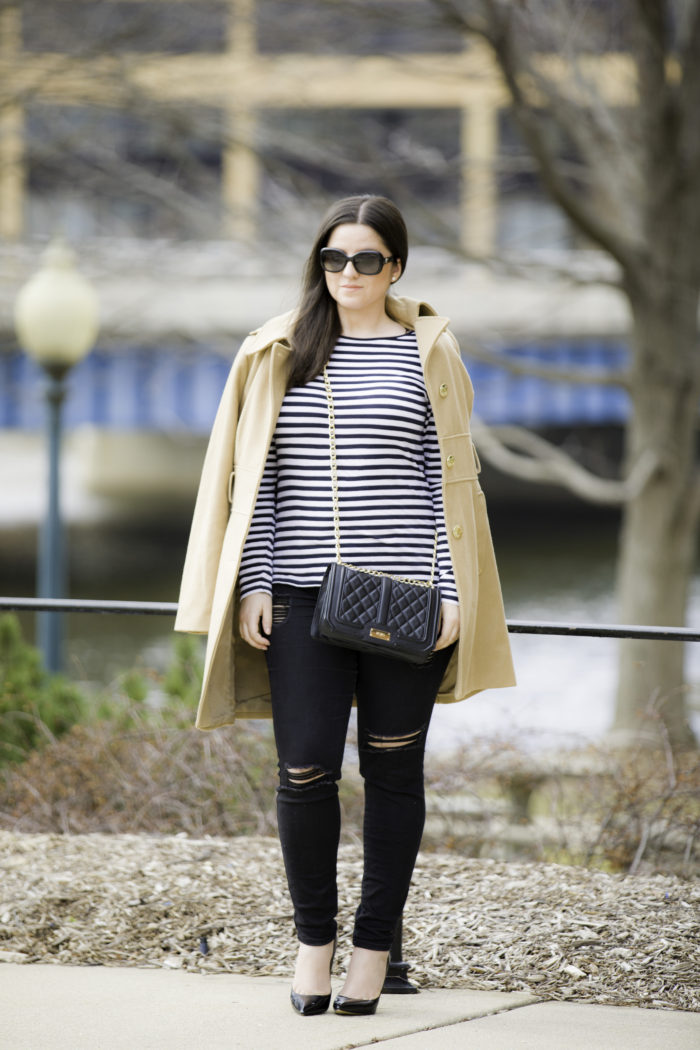 simple and stylish outfit idea for spring, beige coat, stripe top, black jeans