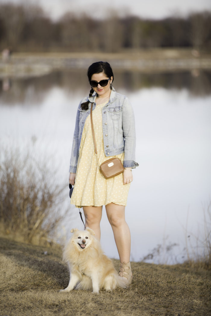 spring dress for sunday afternoon, casual sunday dress, casual weekend outfit, denim jacket, yellow floral dress from Target