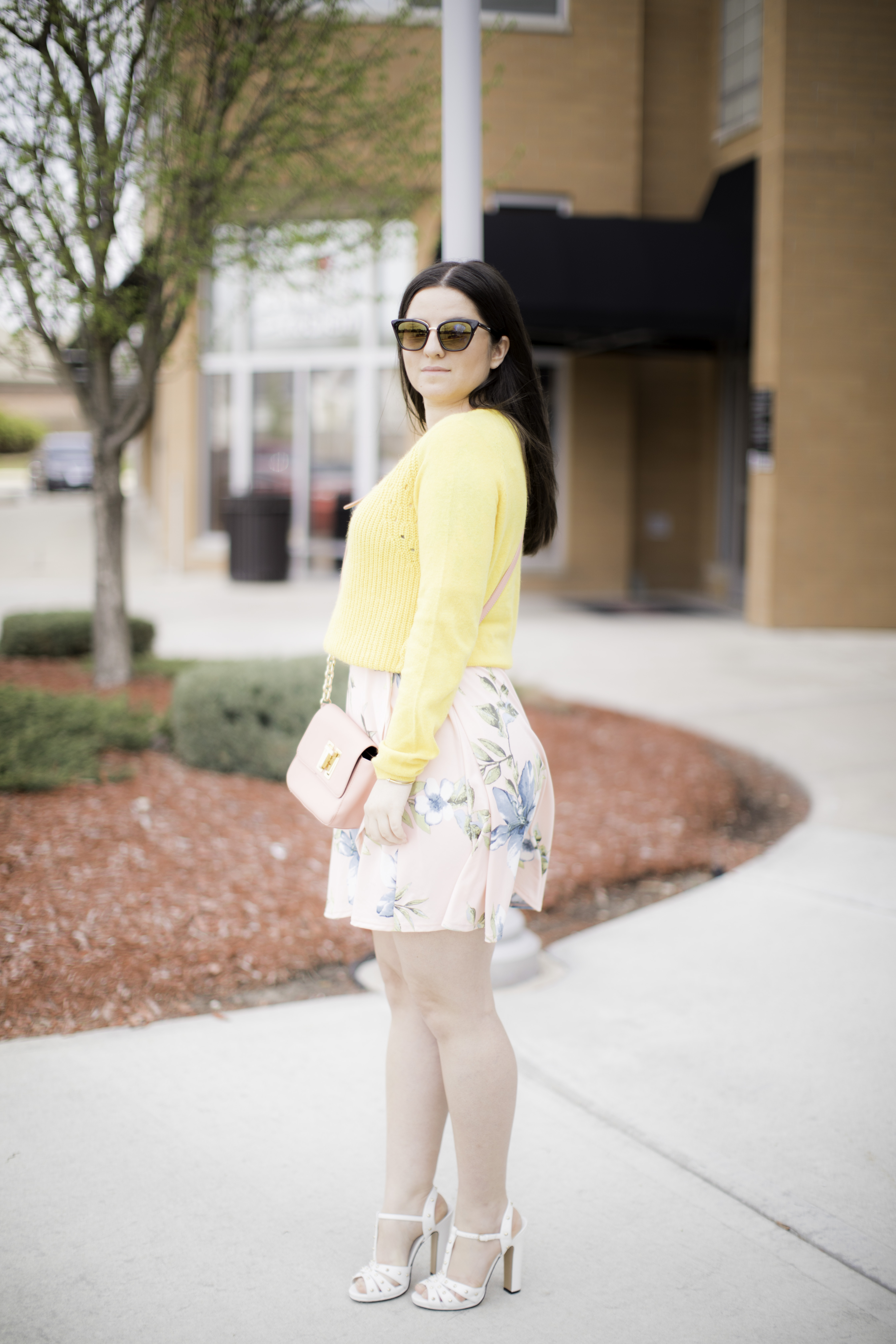 colorful spring outfit idea,yellow sweater, pink floral dress, gucci shoes chicago blogger, bailylamb, rockford blogger,