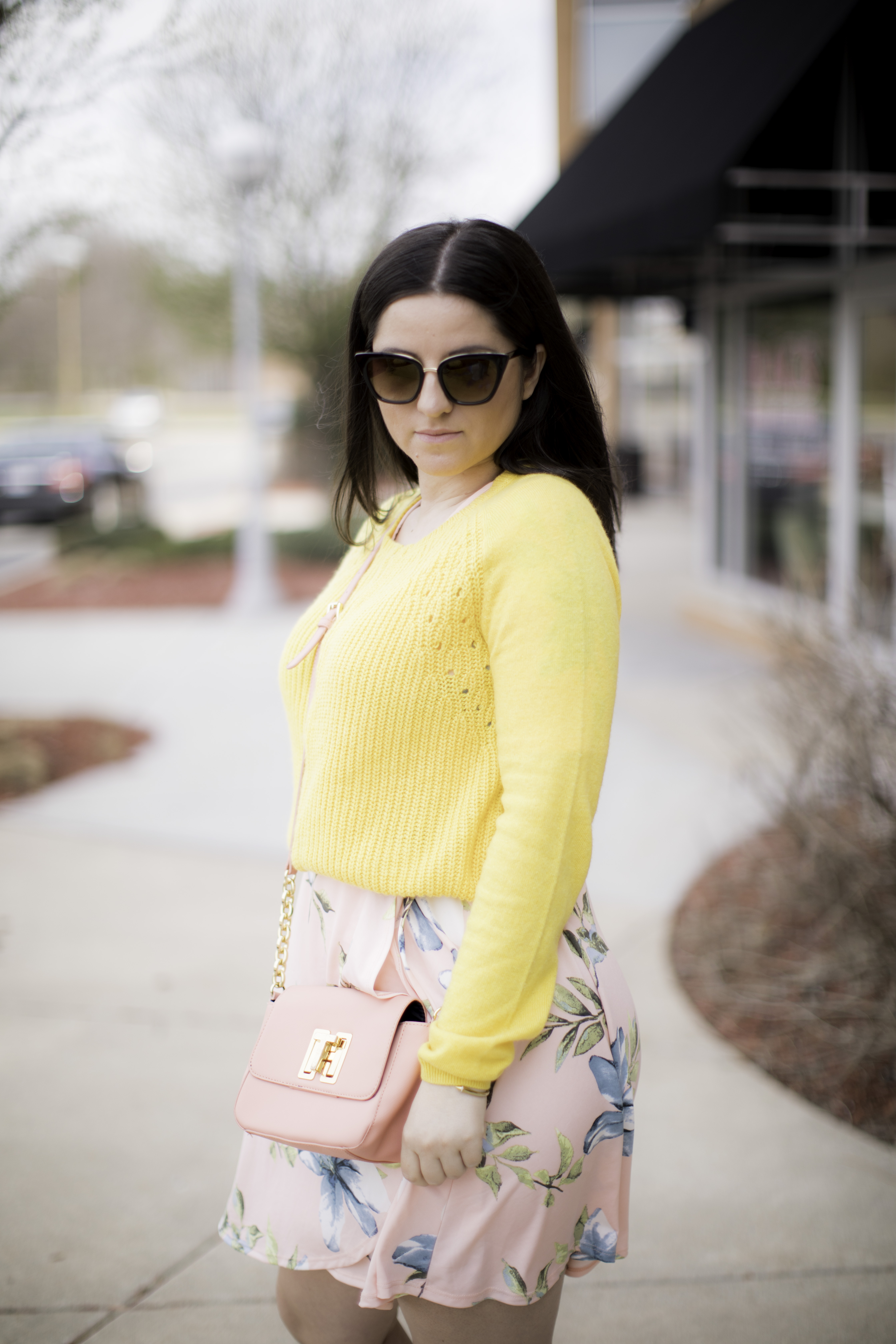 colorful spring outfit idea,yellow sweater, pink floral dress, gucci shoes chicago blogger, bailylamb, rockford blogger,