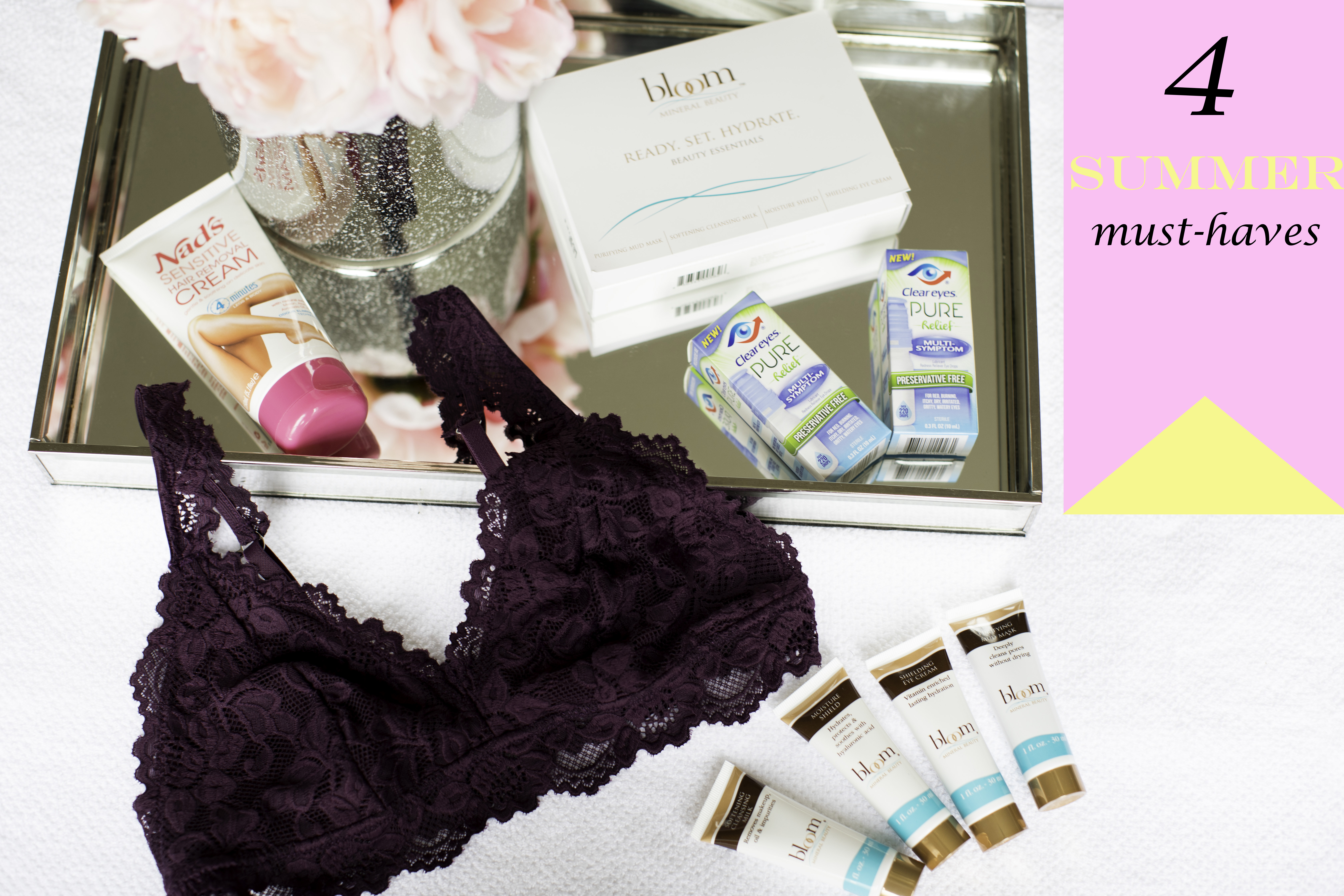 4 summer must haves, babble box, clear eyes, nad's hair removal lotion, bloom mineral beauty, coobie seamless bra
