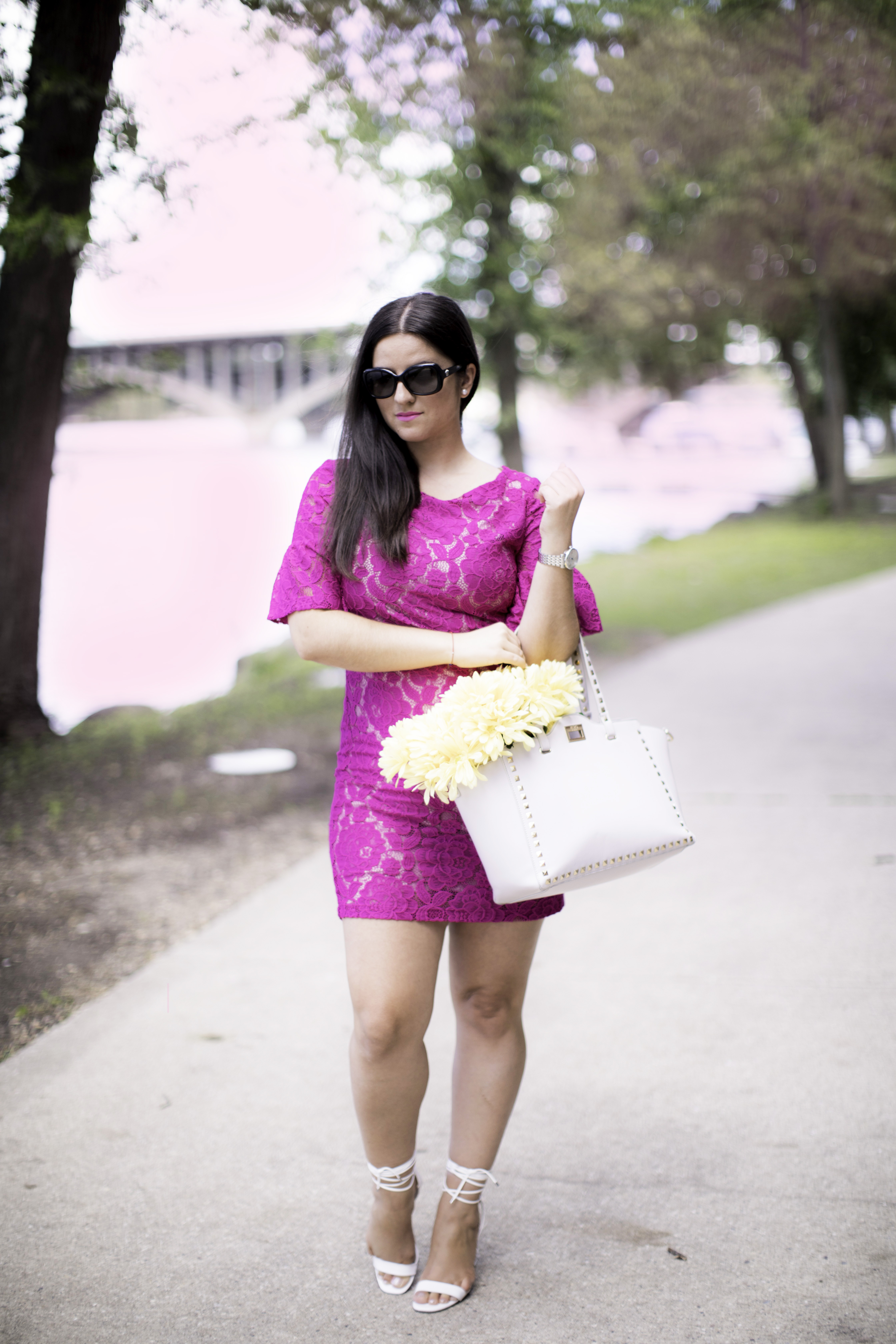 lace bell sleeve dress, pink lace dress, white wrap sandals, rockstud satchel, baily lamb, chicago blogger