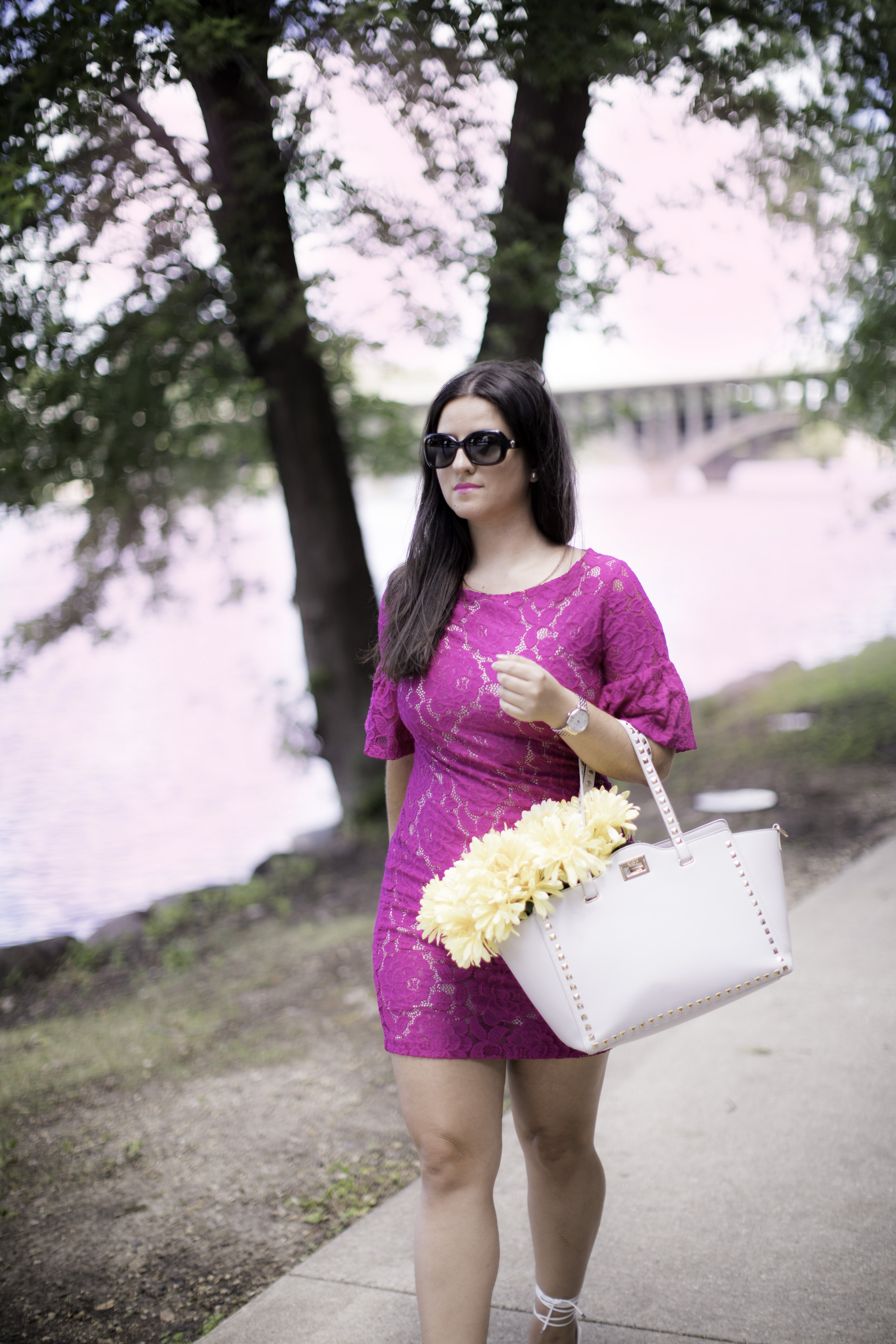 lace bell sleeve dress, pink lace dress, white wrap sandals, rockstud satchel, baily lamb, chicago blogger