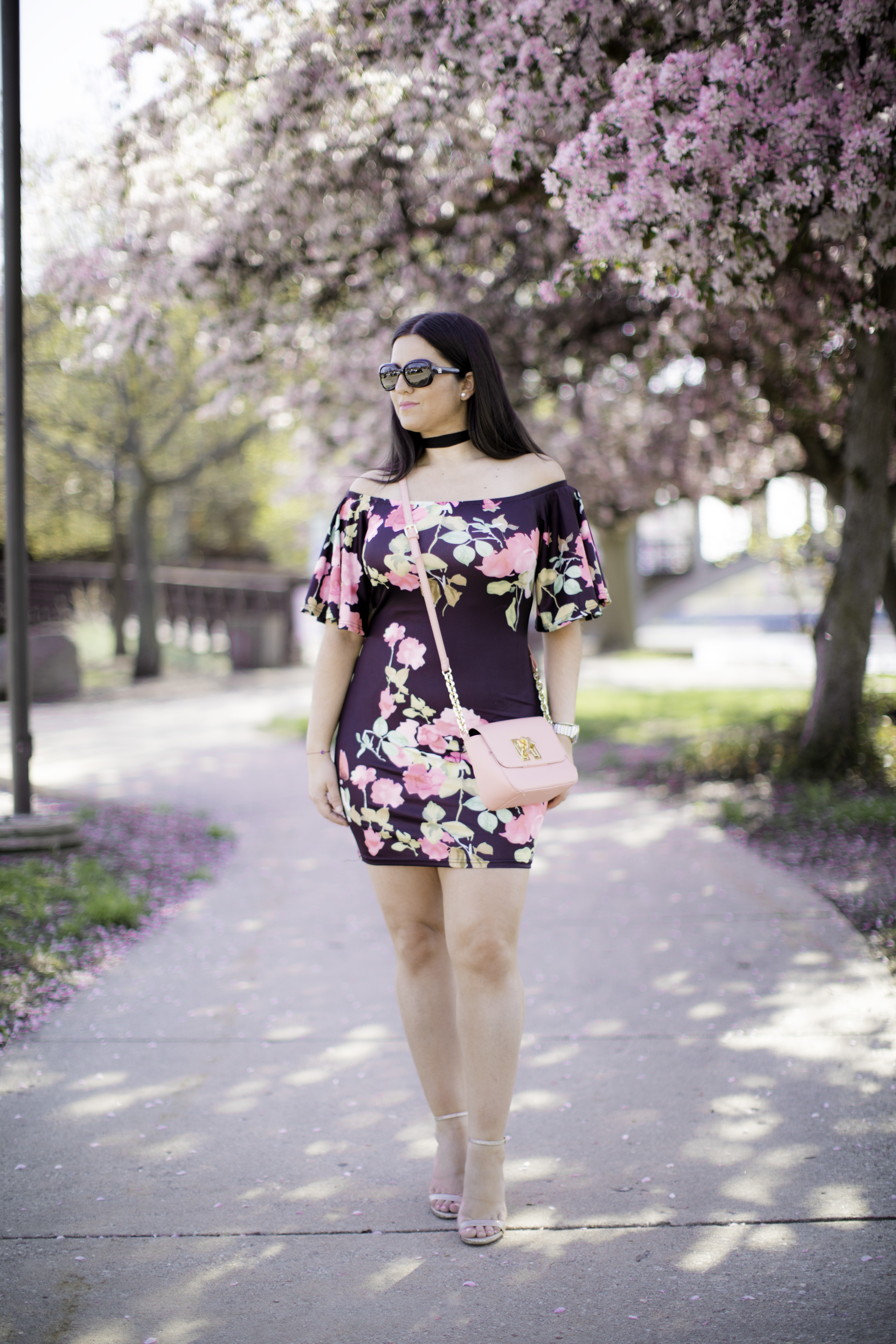 off the shoulder floral print dress, amazon fashion, chicago blogger, baily lamb