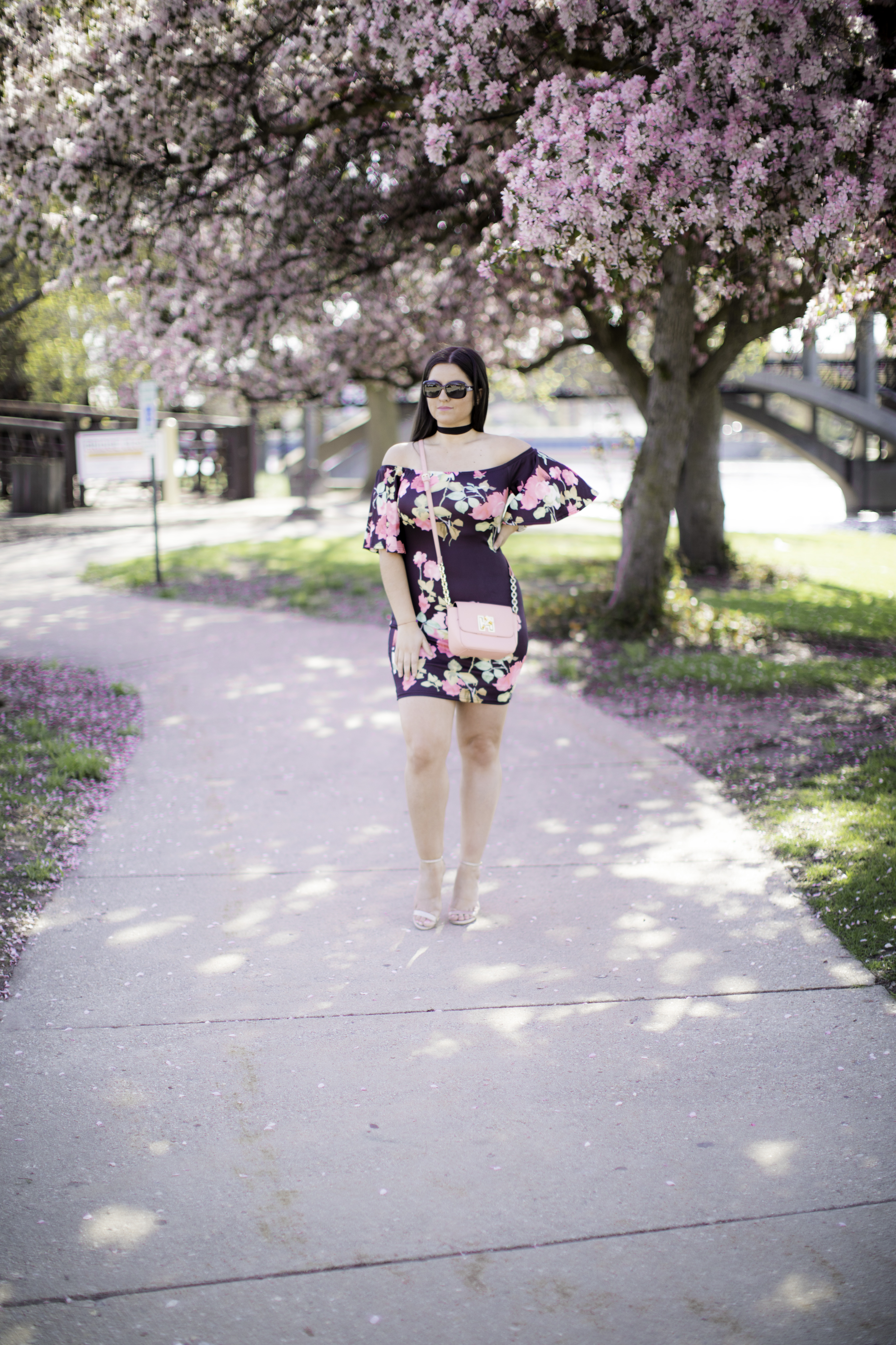 off the shoulder floral print dress, amazon fashion, chicago blogger, baily lamb
