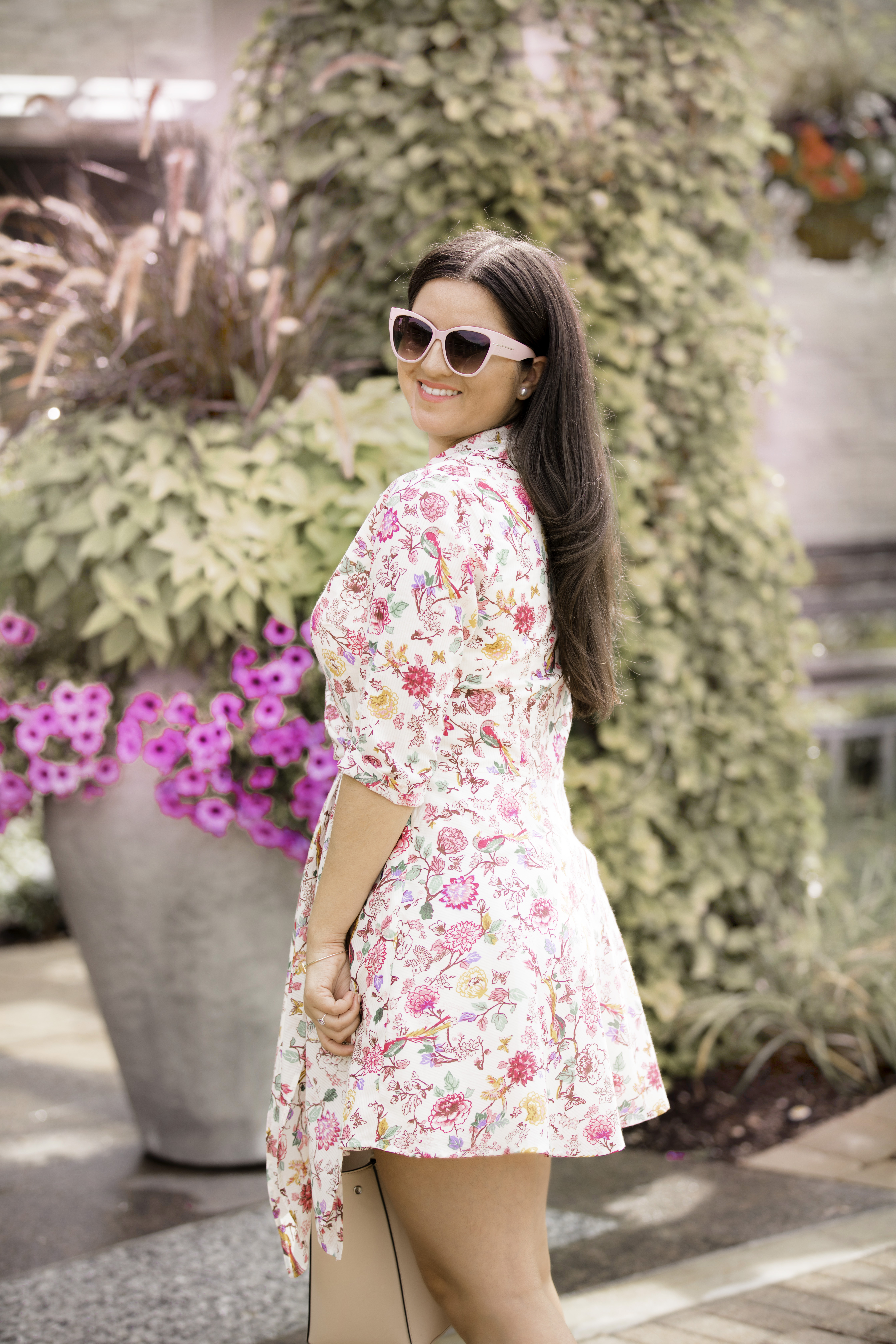 floral faux wrap dress, custom dress design, eshakti custom floral dress, pink sam edelman loafers