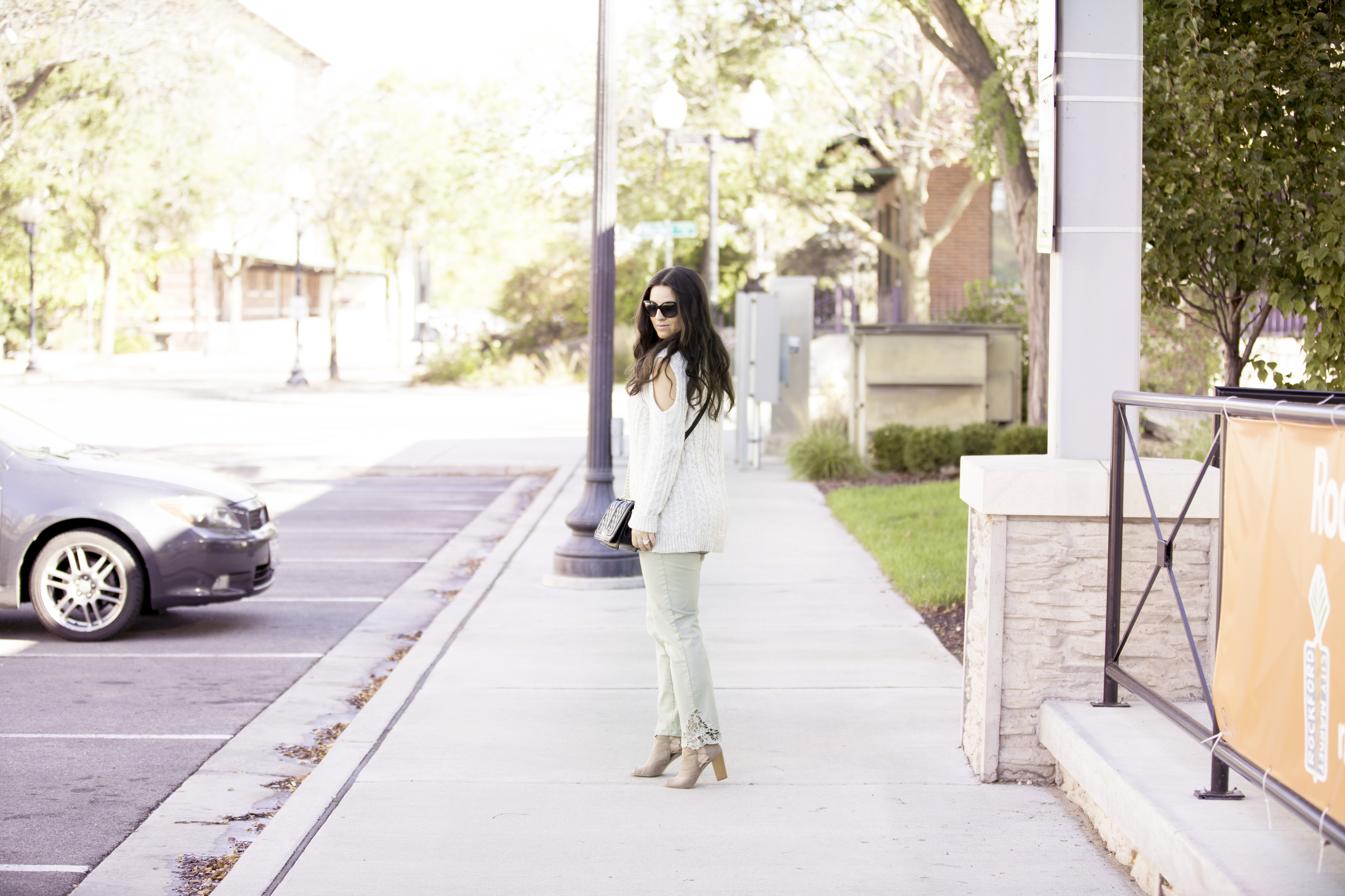 must have fall fashion from soft surroundings, green pants outfit idea, gray sweater outfit idea, chicago blogger, baily lamb